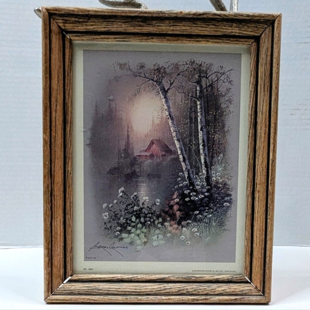 1979 Vtg Andres Orpinas Misty Lake Cabin Litho Signed 8"x10" Framed Wall Decor